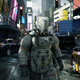 An astronaut strolls through Times Square in Pragmata.